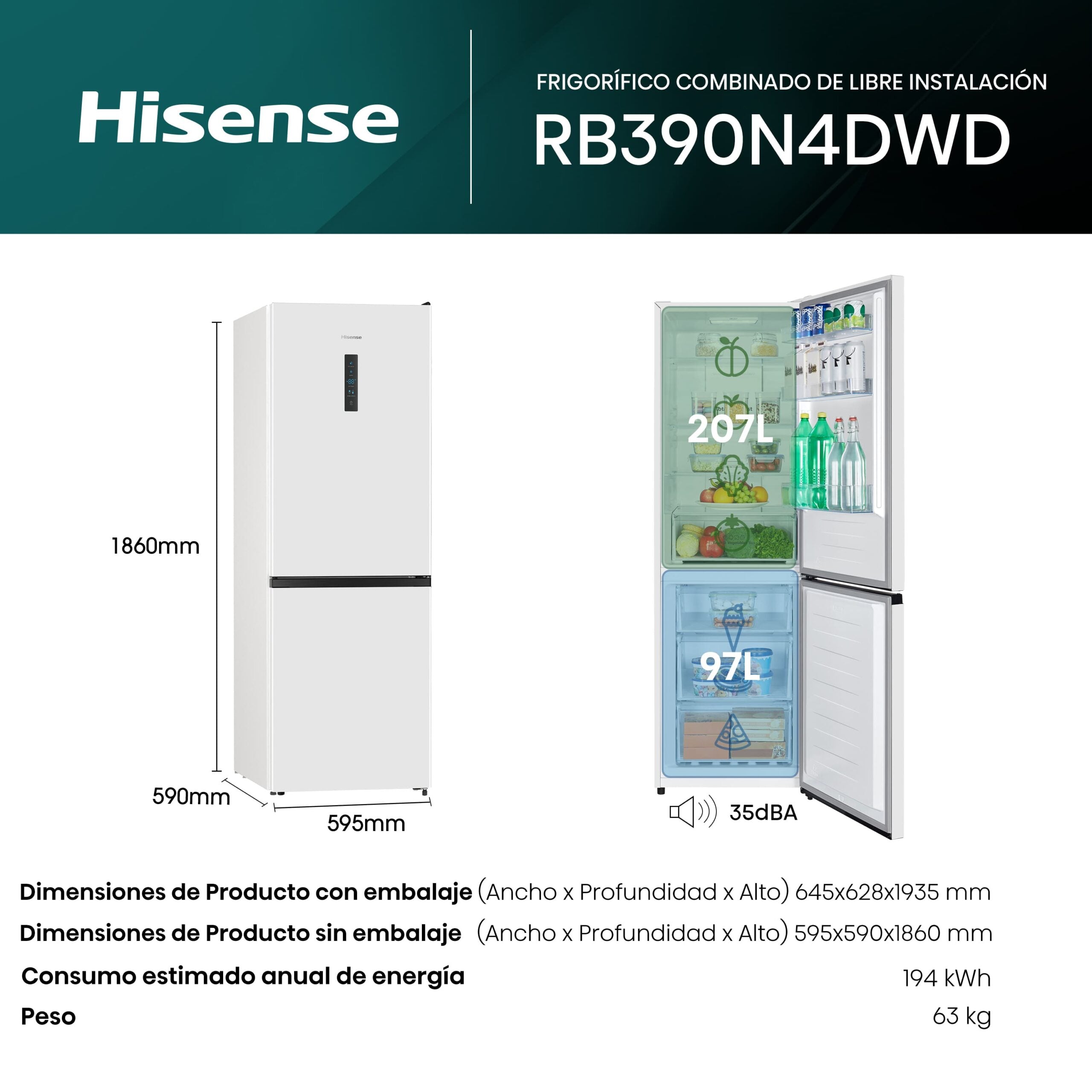 FRICOM. Hisense RB390N4DWD 186x60 CM NF Blanco